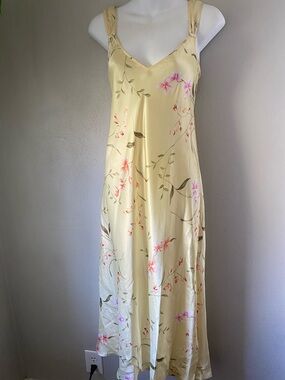 Oscar de la Renta Pale Yellow Floral Slip Maxi Dress with Pink Blossoms